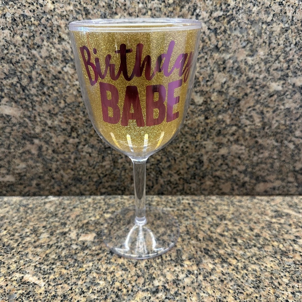 Gold Birthday Babe Plastic Wine Glass Tumbler Goblet Glitter Stemmed 8in Bling